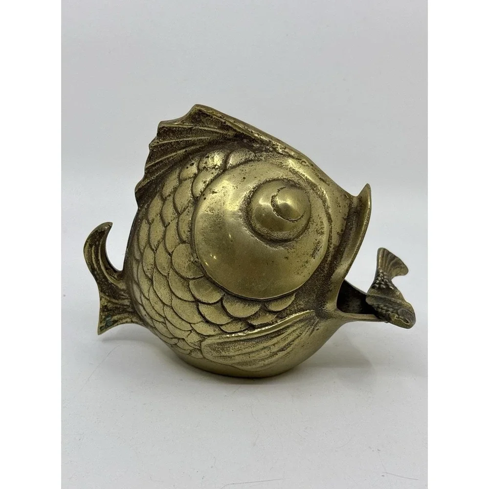 Vintage Solid Brass Happy Koi Fish Ashtray Cigar Open Mouth 1950's Soap Dish